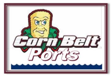 Personified corn cob with husks peeled back. Accompanied by text "Corn Belt Ports". Wavy water depicted along bottom of frame.